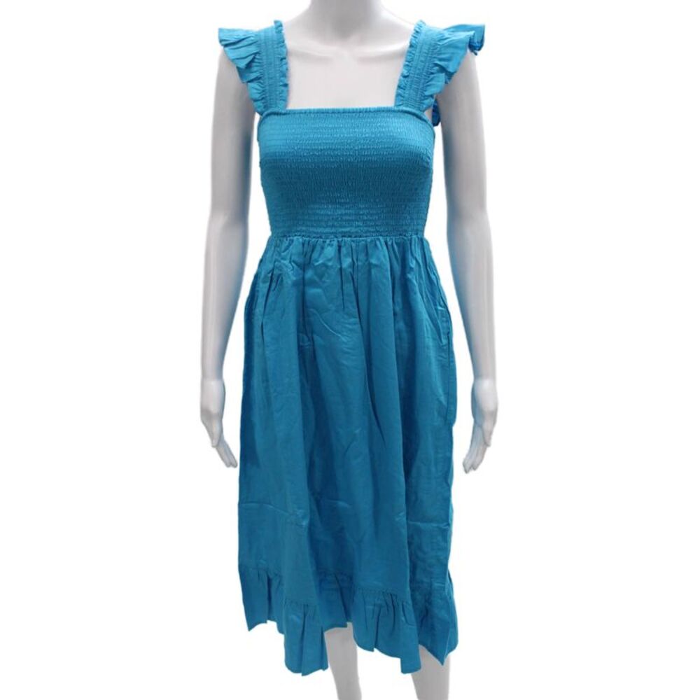 The Drop Women Sundress Blue Square Neck Knee Length Cotton Size XS